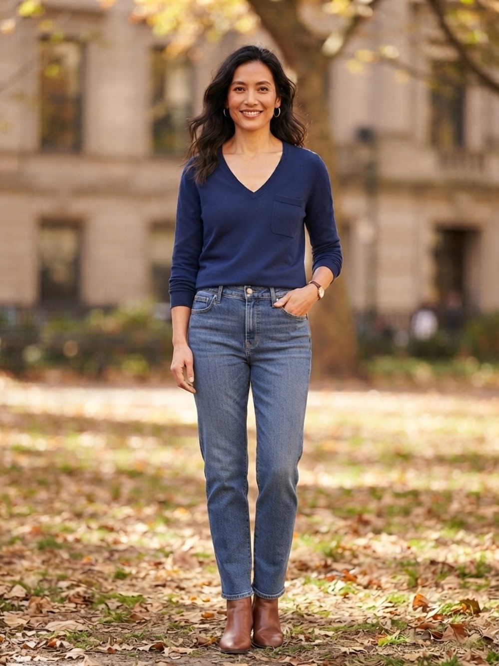 Elie Tahari Navy V‑Neck Pocket Sweater